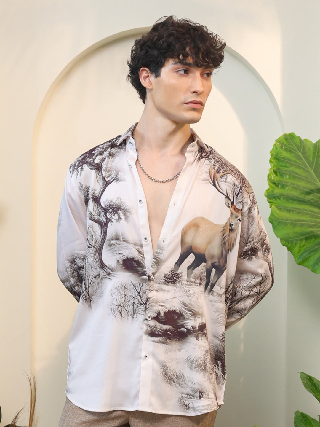 Light Beige Deer & Forest Print Full Sleeve Shirt