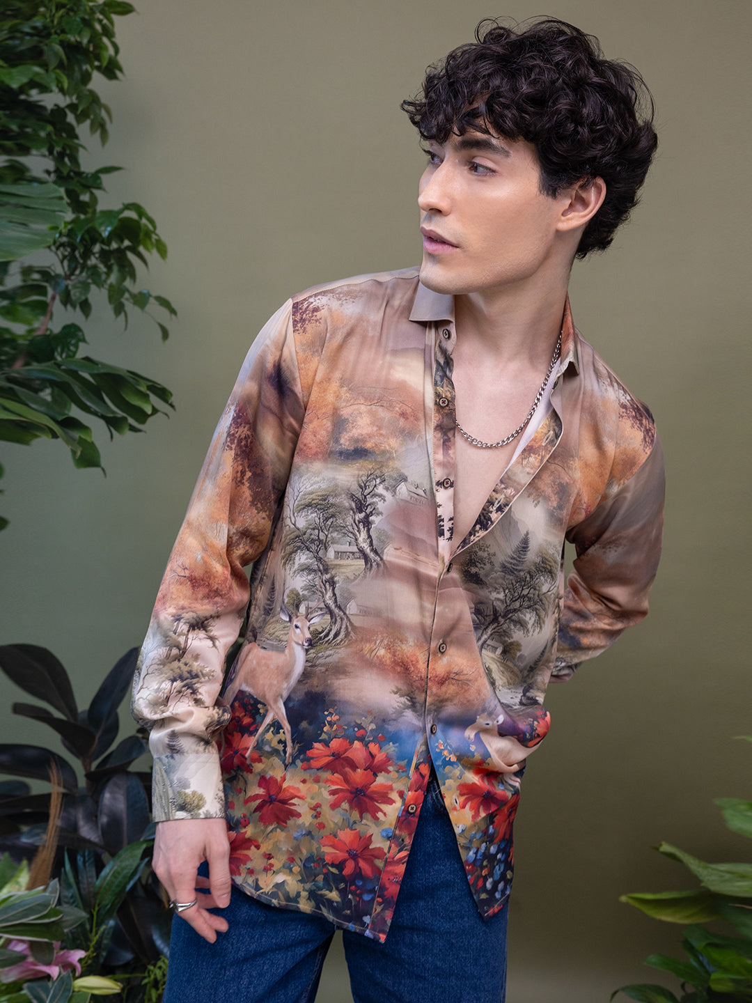 Multi-Colour Deer & Floral Landscape Full Sleeve Shirt