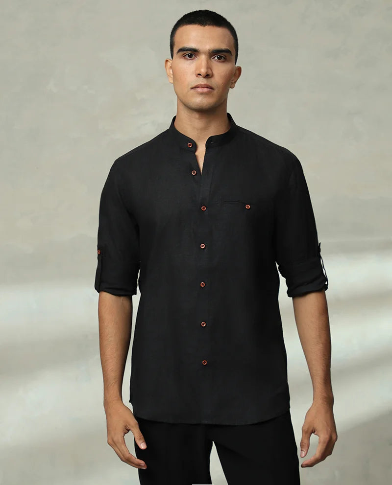 Buy Black Linen Chinese Cotton Slim Fit Shirt for Men