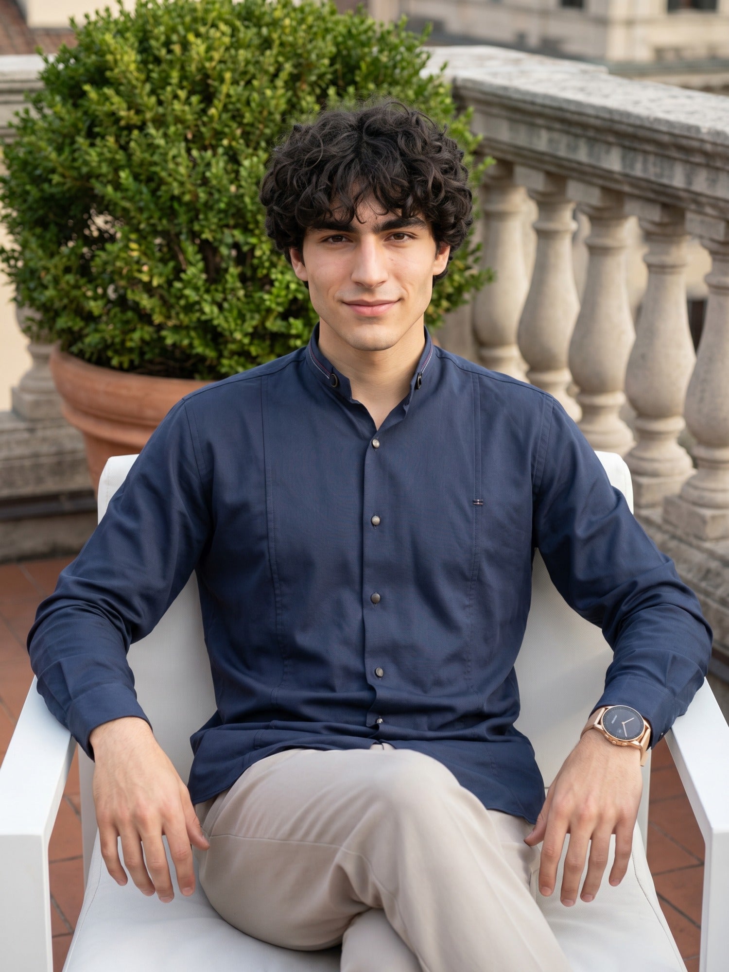 Navy Blue Designer Print Mandarin Collar Shirt For Men