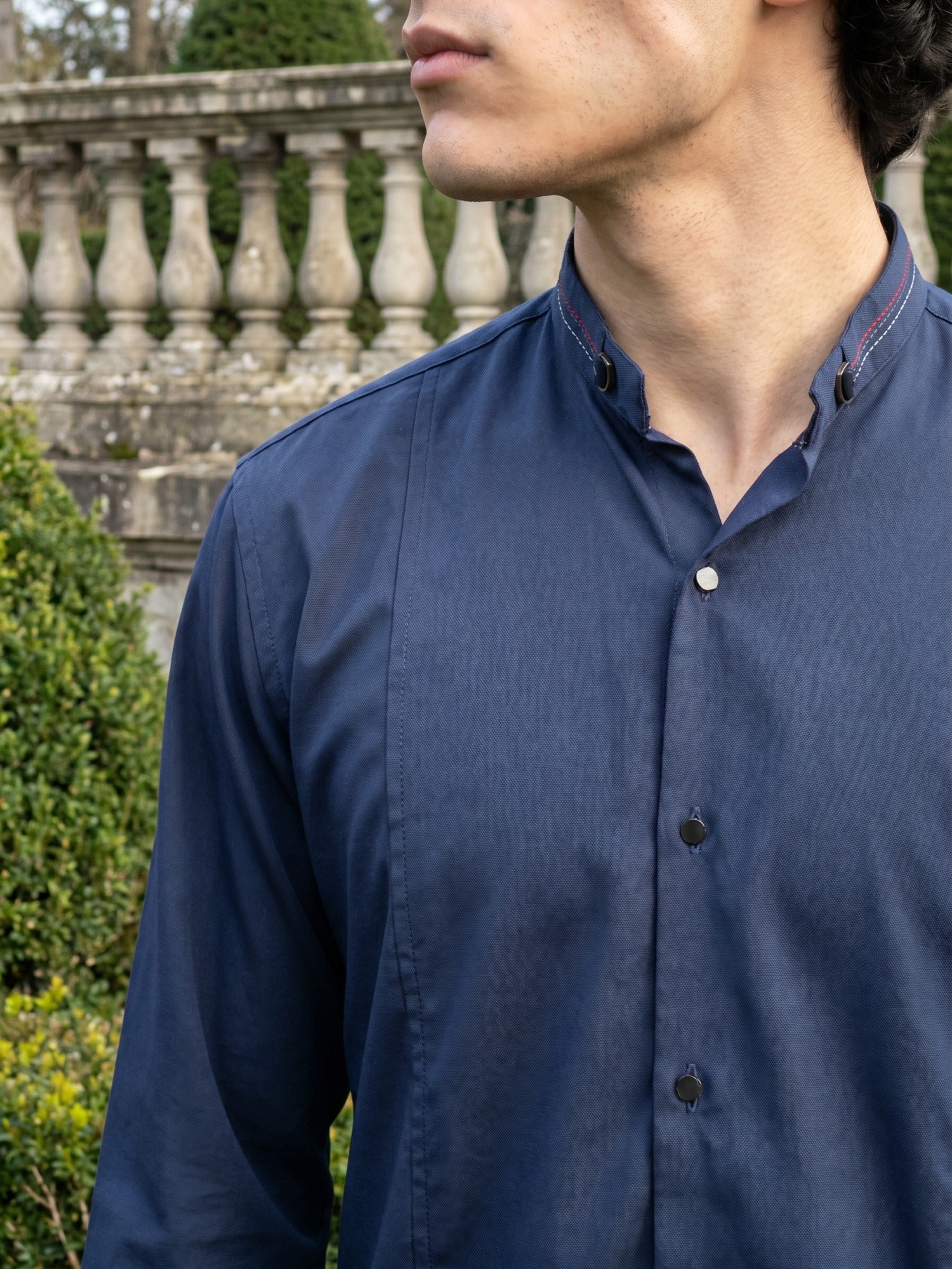 Navy Blue Designer Print Mandarin Collar Shirt For Men