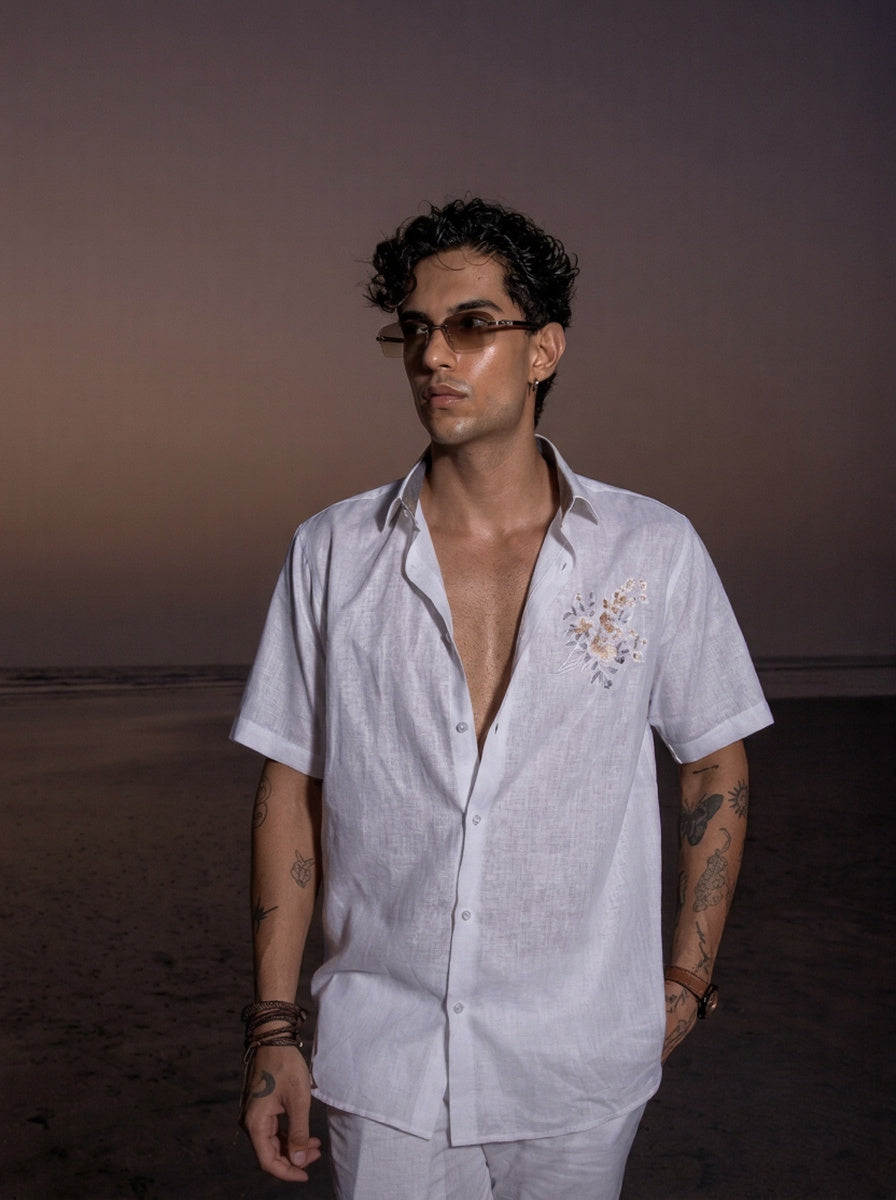 White Linen Shirt with Applique Work