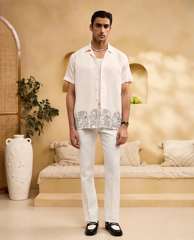 Light Peach with Black Running Stitch Floral Embroidery Linen Cuban Regular Fit Shirt