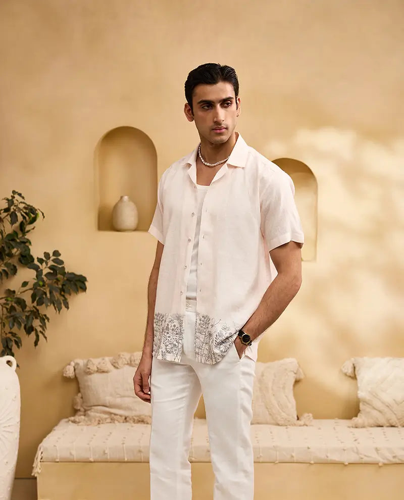 Light Peach with Black Running Stitch Floral Embroidery Linen Cuban Regular Fit Shirt