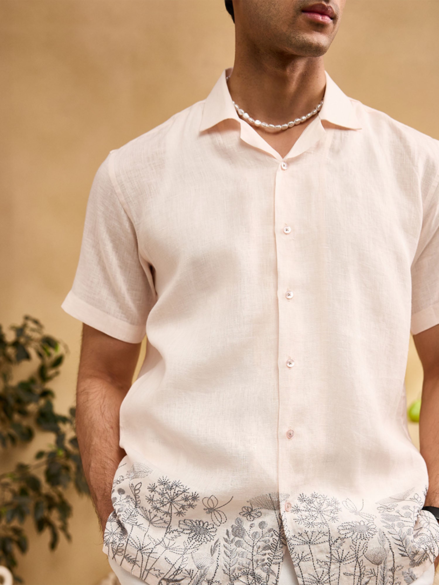 Light Peach with Black Running Stitch Floral Embroidery Linen Cuban Regular Fit Shirt