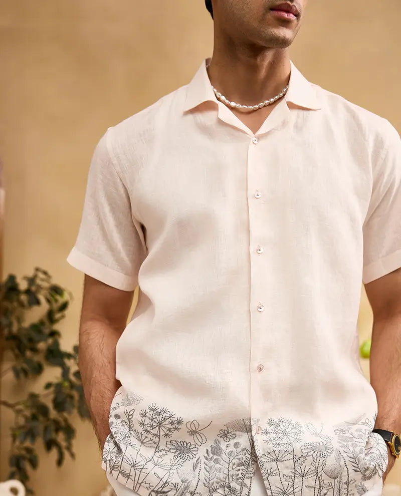 Light Peach with Black Running Stitch Floral Embroidery Linen Cuban Regular Fit Shirt