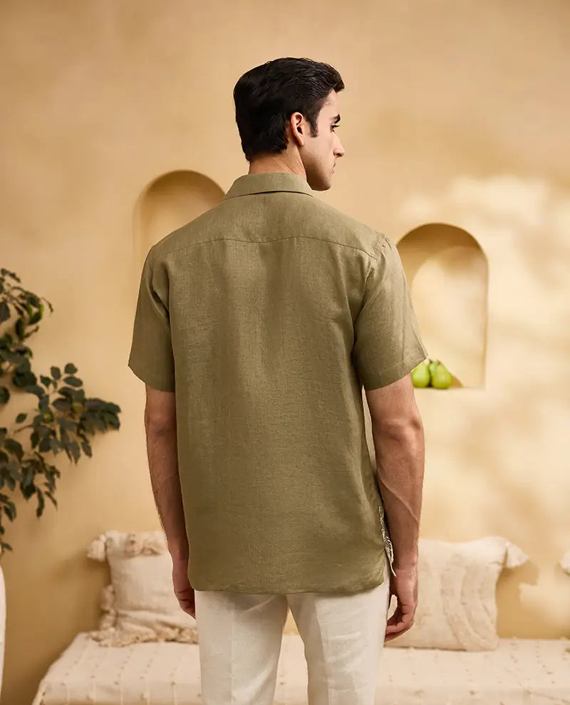 Olive Green with White Running Stitch Floral Embroidery Linen Cuban Regular Fit Shirt