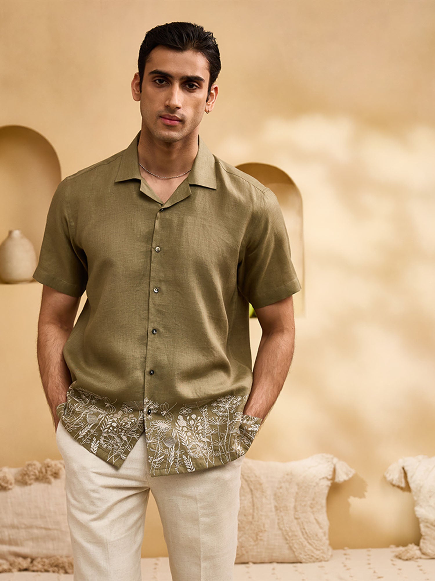 Olive Green with White Running Stitch Floral Embroidery Linen Cuban Regular Fit Shirt