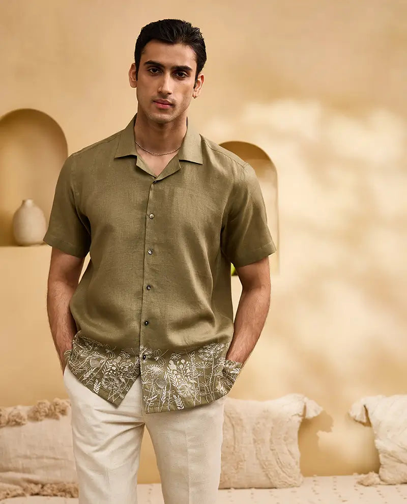 Olive Green with White Running Stitch Floral Embroidery Linen Cuban Regular Fit Shirt