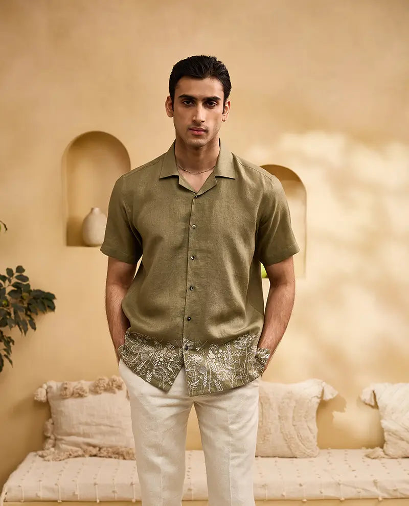 Olive Green with White Running Stitch Floral Embroidery Linen Cuban Regular Fit Shirt