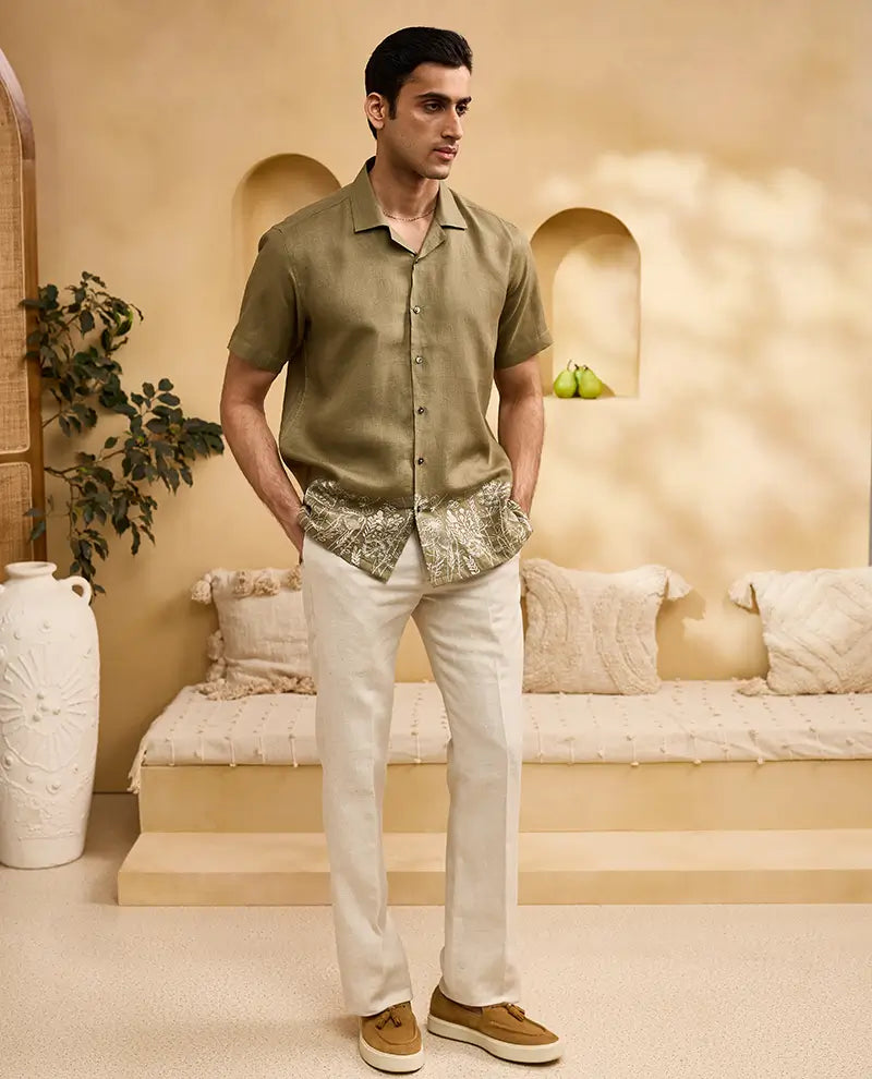 Olive Green with White Running Stitch Floral Embroidery Linen Cuban Regular Fit Shirt