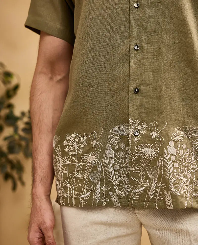 Olive Green with White Running Stitch Floral Embroidery Linen Cuban Regular Fit Shirt