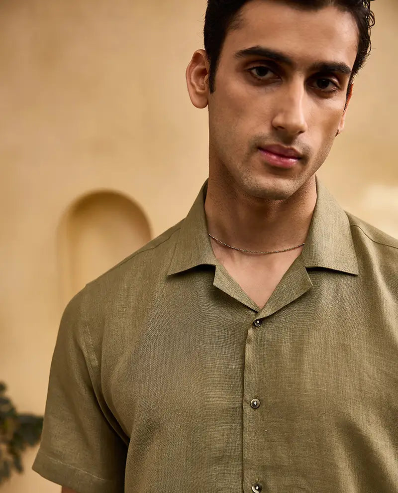 Olive Green with White Running Stitch Floral Embroidery Linen Cuban Regular Fit Shirt