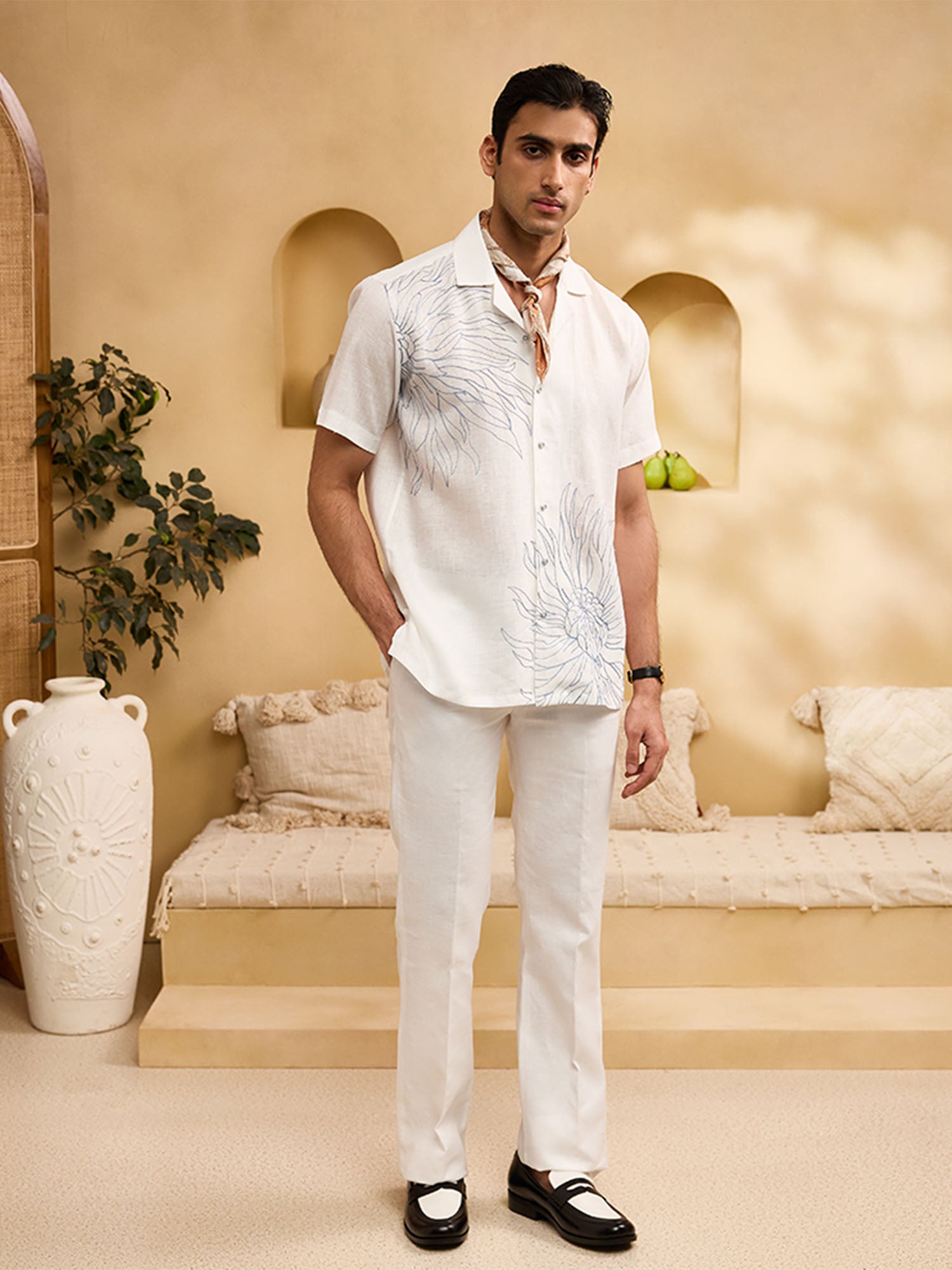 White with Blue Floral Embroidery Linen Cuban Regular Fit Shirt