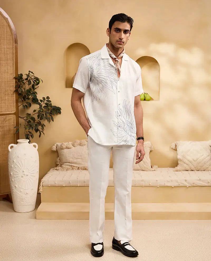 White with Blue Floral Embroidery Linen Cuban Regular Fit Shirt