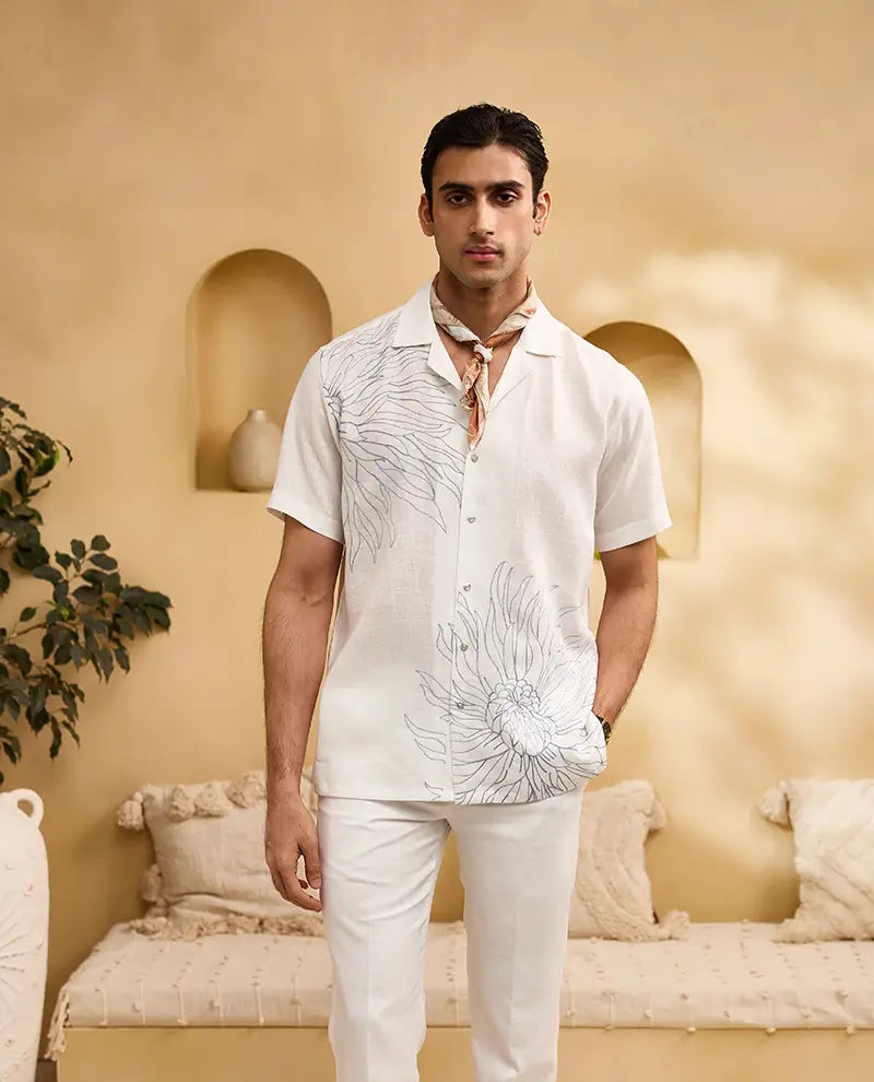 White with Blue Floral Embroidery Linen Cuban Regular Fit Shirt