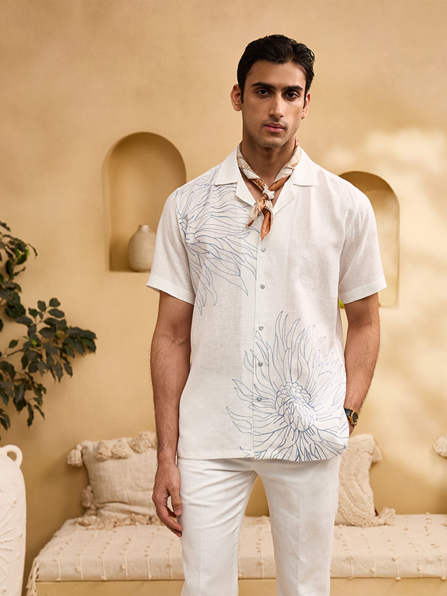 White with Blue Floral Embroidery Linen Cuban Regular Fit Shirt