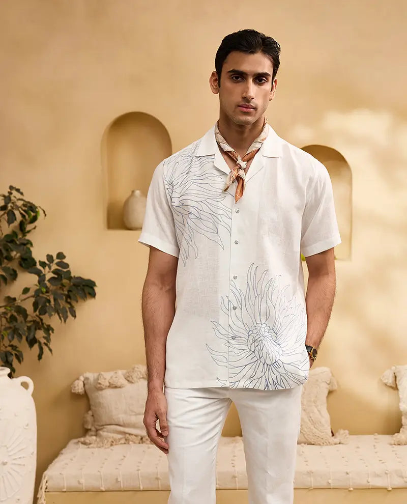 White with Blue Floral Embroidery Linen Cuban Regular Fit Shirt