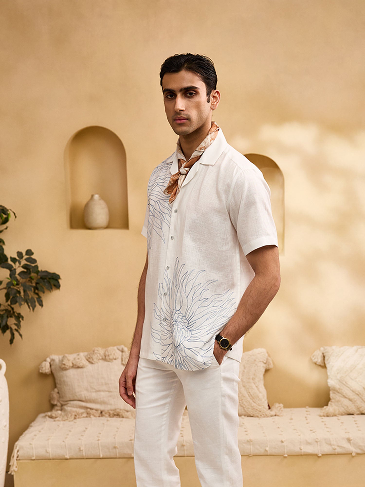 White with Blue Floral Embroidery Linen Cuban Regular Fit Shirt