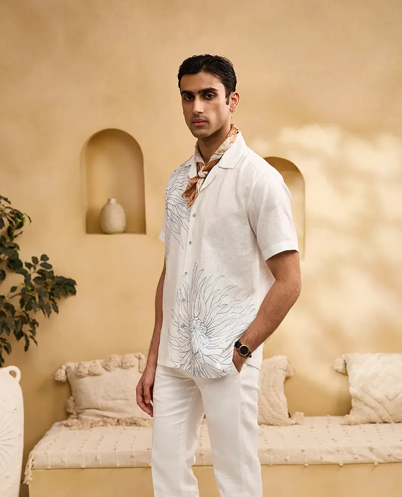 White with Blue Floral Embroidery Linen Cuban Regular Fit Shirt