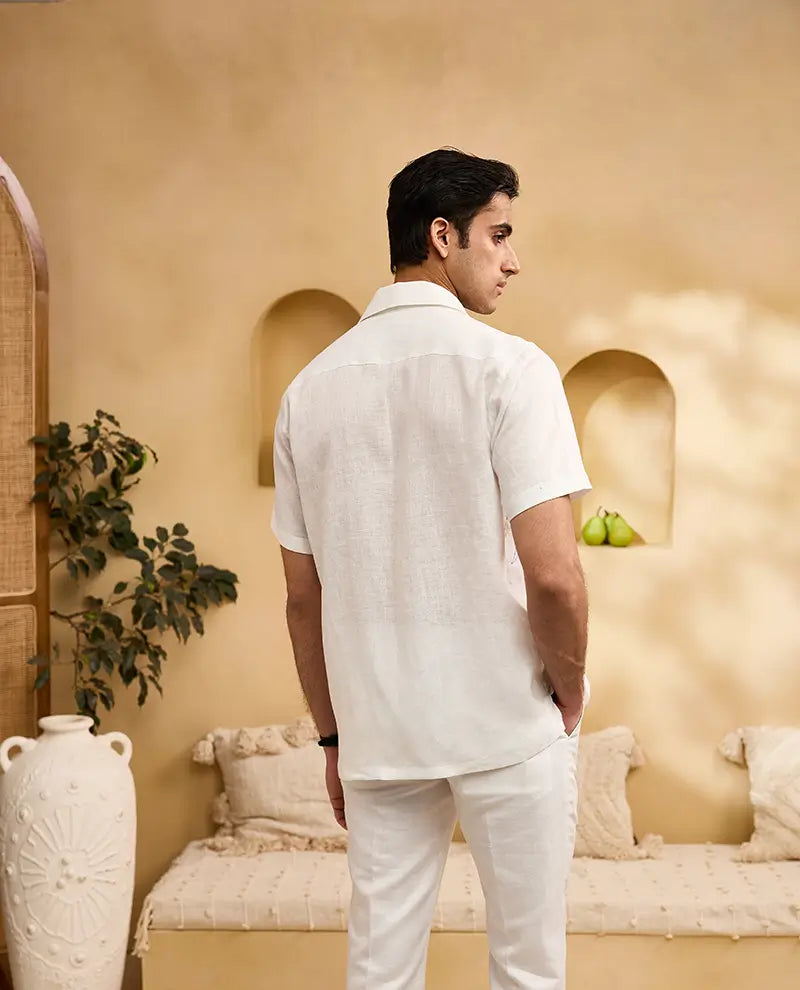 White with Blue Floral Embroidery Linen Cuban Regular Fit Shirt