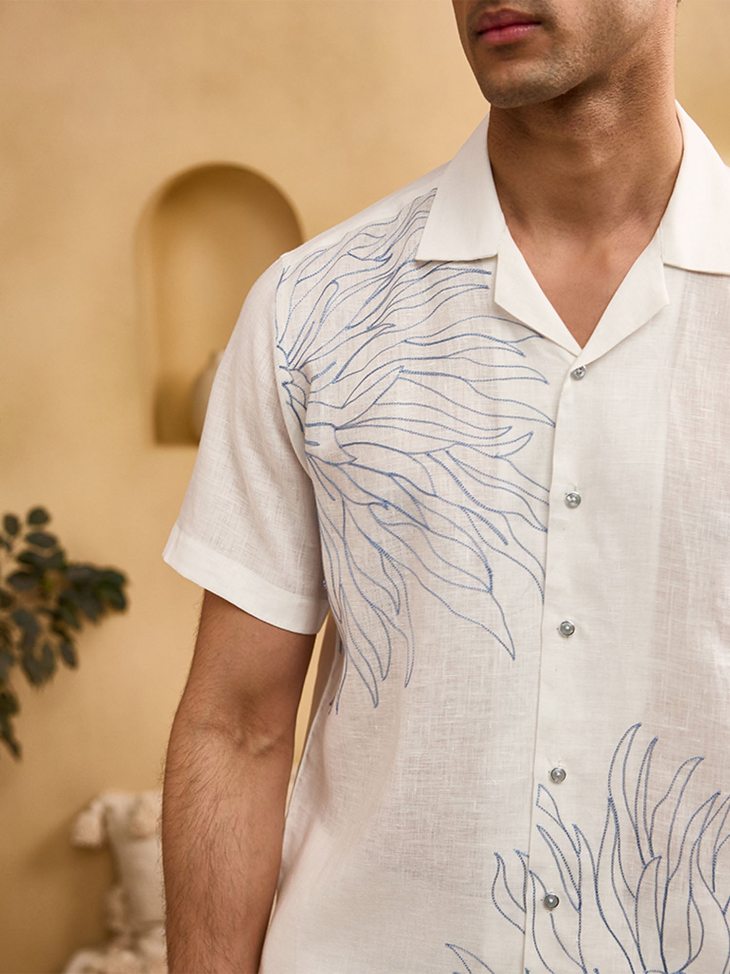 White with Blue Floral Embroidery Linen Cuban Regular Fit Shirt