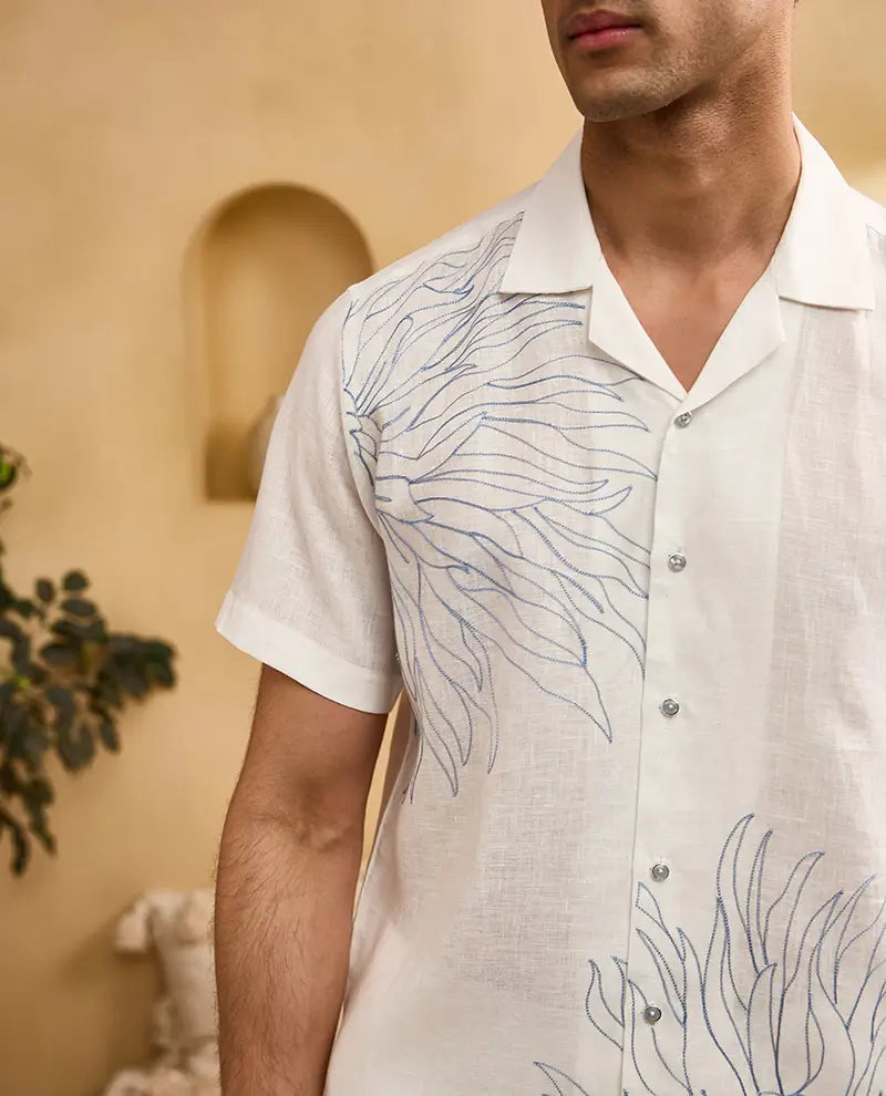 White with Blue Floral Embroidery Linen Cuban Regular Fit Shirt
