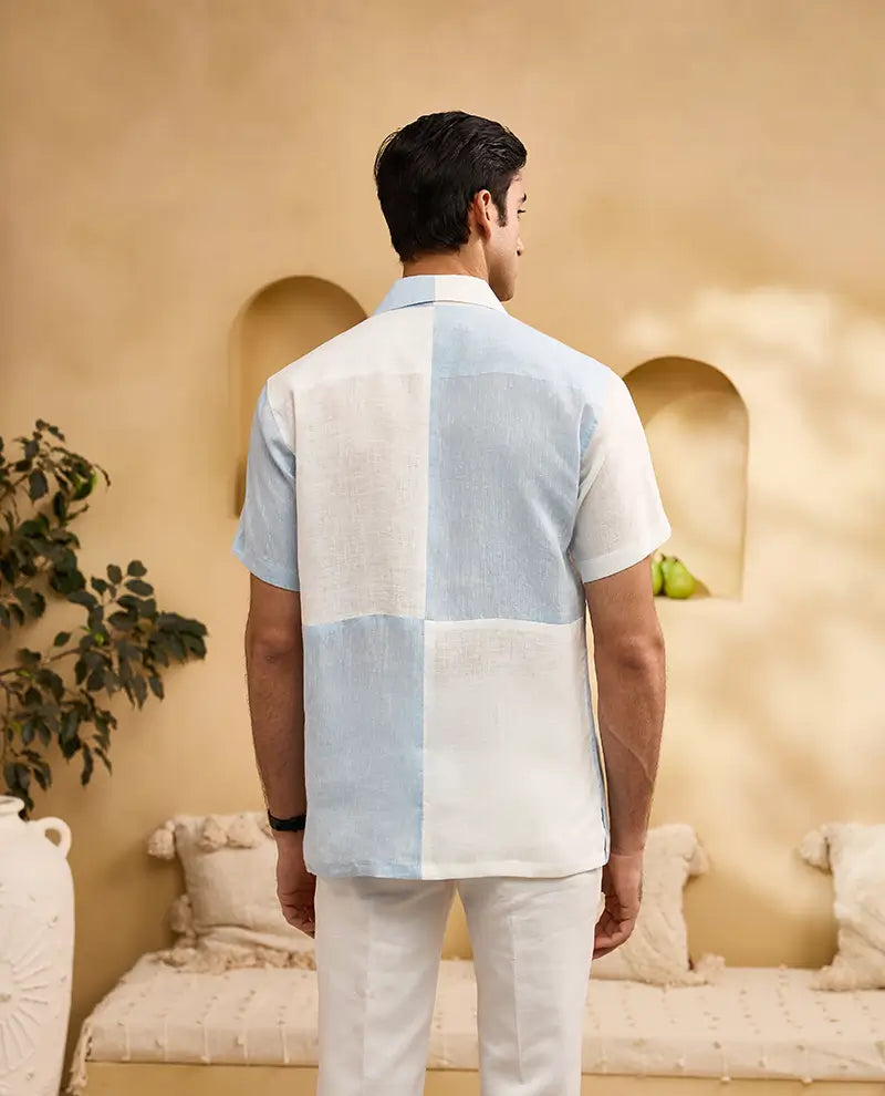 Blue and White Minimal Floral Embroidery Linen Cuban Regular Fit Shirt