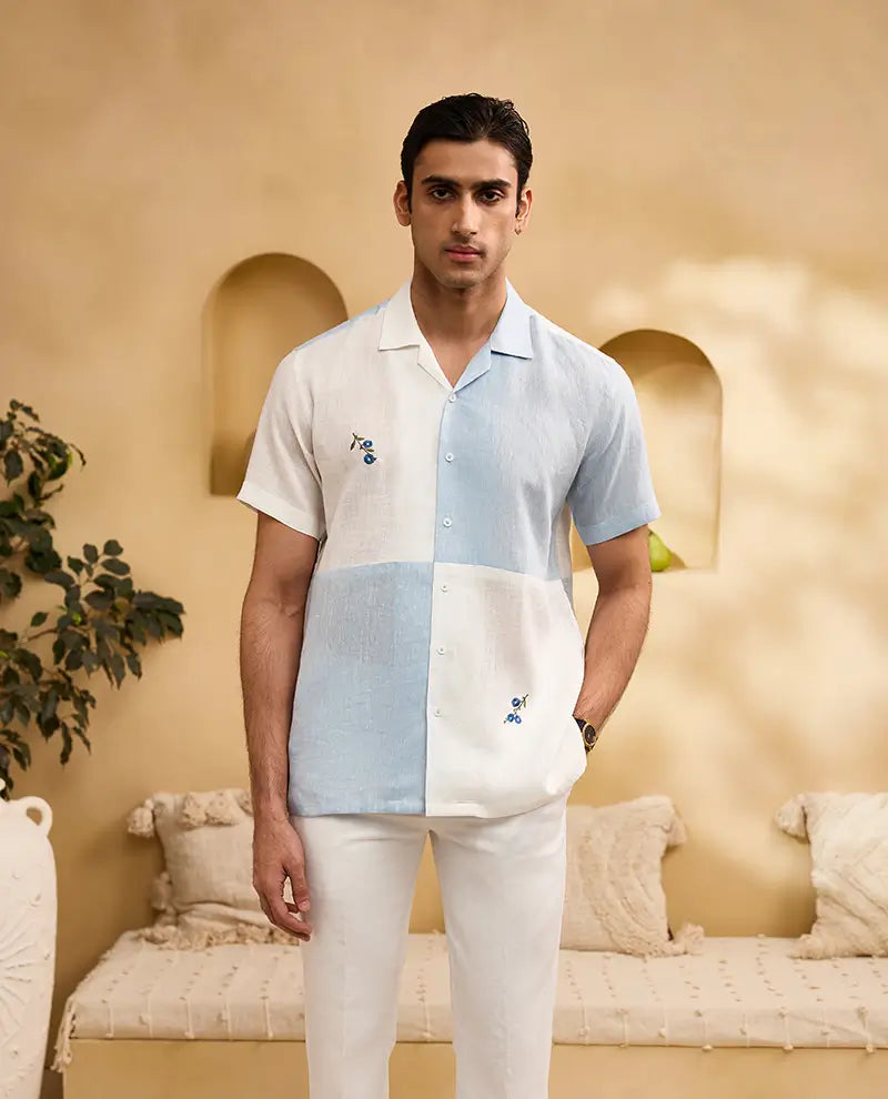 Blue and White Minimal Floral Embroidery Linen Cuban Regular Fit Shirt