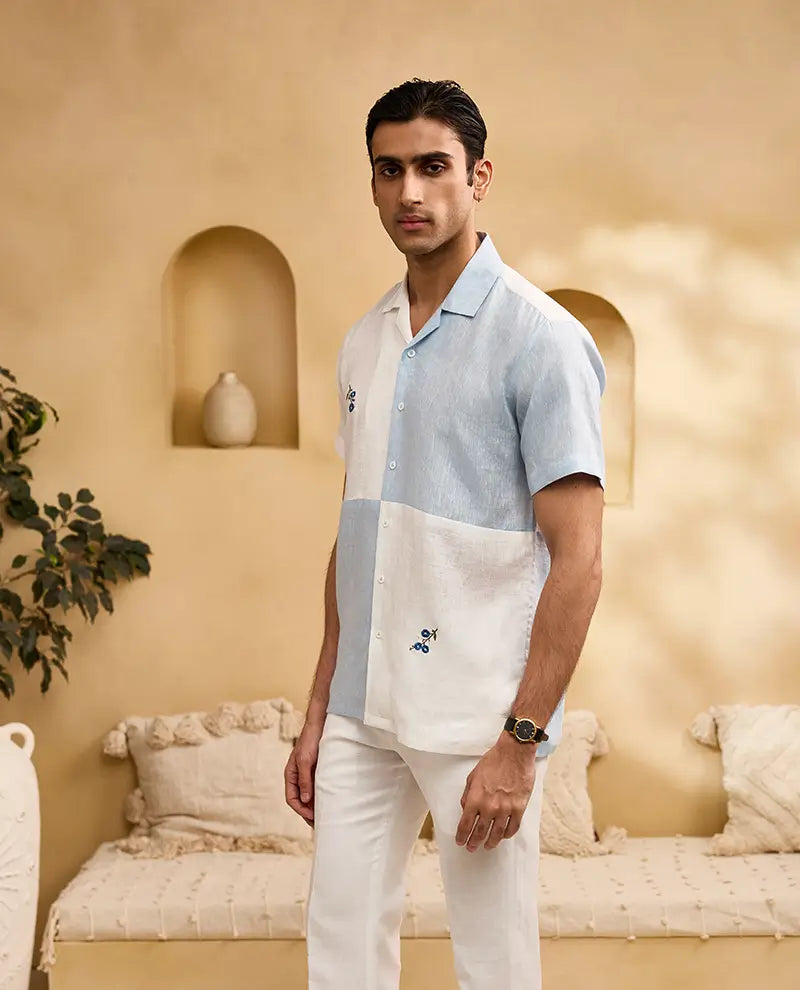 Blue and White Minimal Floral Embroidery Linen Cuban Regular Fit Shirt