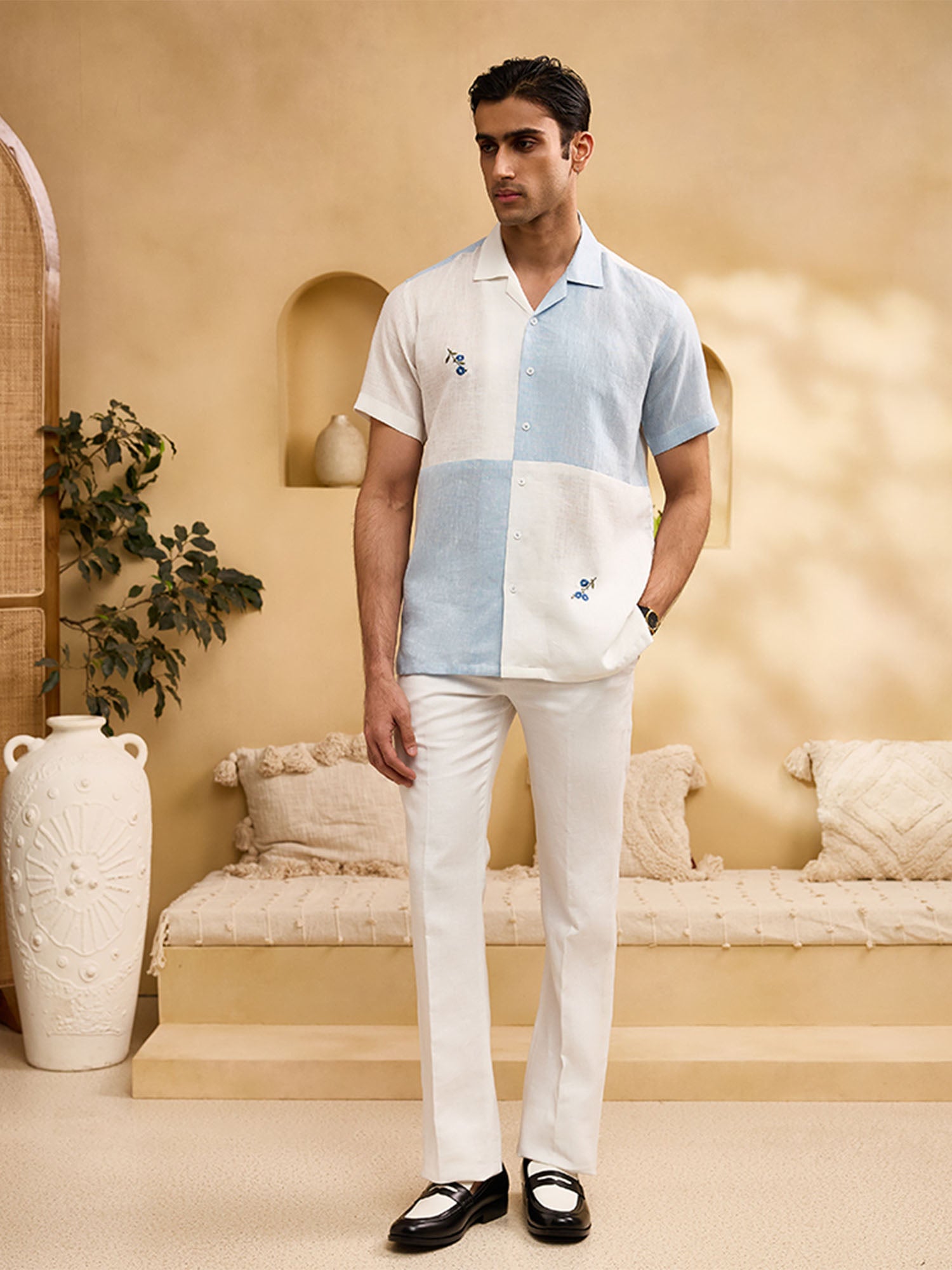 Blue and White Minimal Floral Embroidery Linen Cuban Regular Fit Shirt