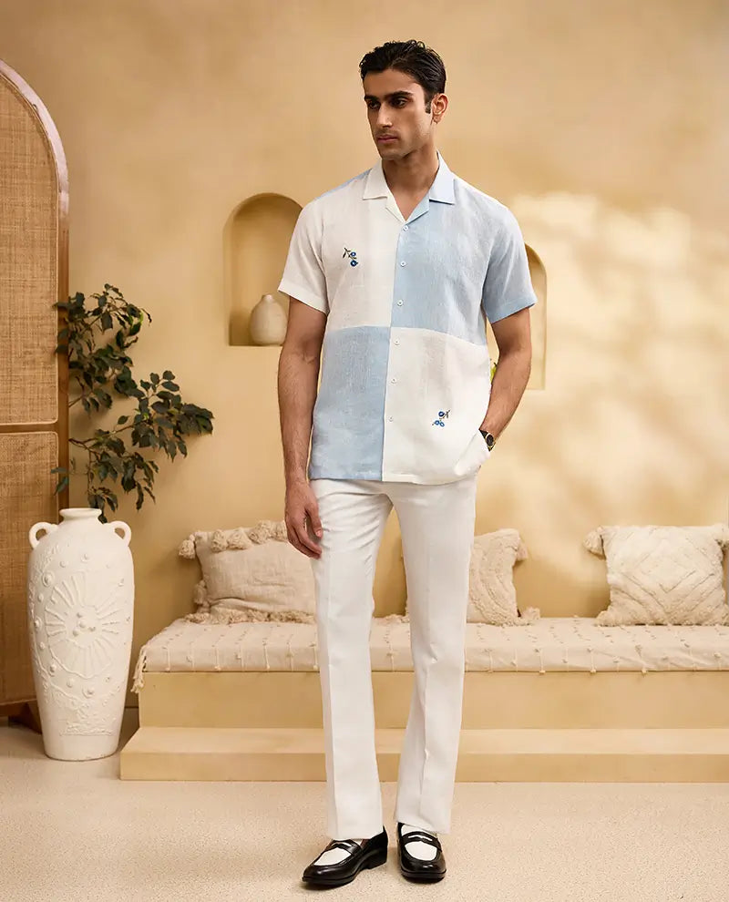 Blue and White Minimal Floral Embroidery Linen Cuban Regular Fit Shirt