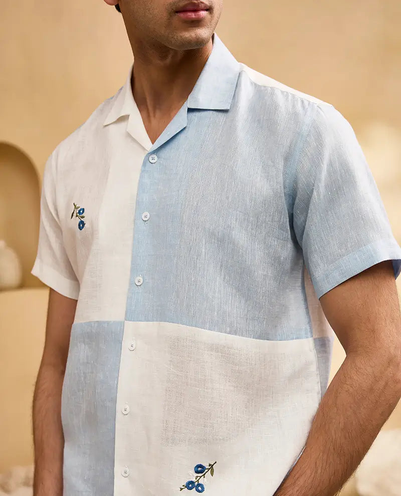 Blue and White Minimal Floral Embroidery Linen Cuban Regular Fit Shirt