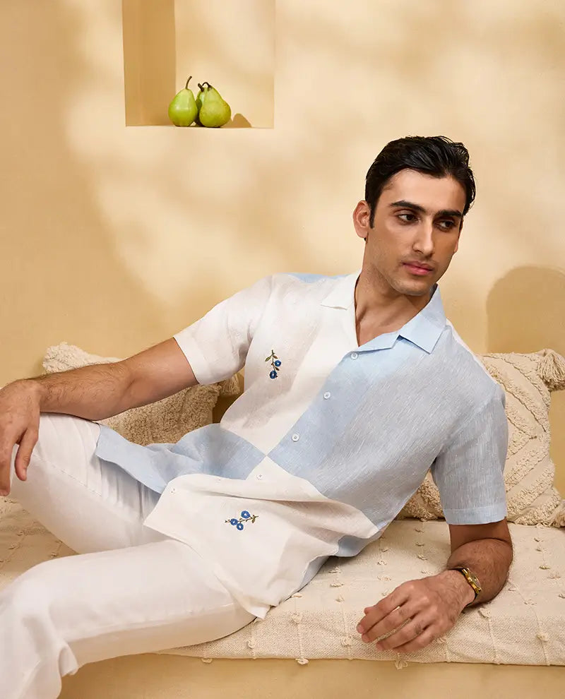 Blue and White Minimal Floral Embroidery Linen Cuban Regular Fit Shirt
