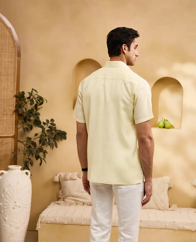 Pastel Yellow Flora & Fauna Hand-Painted Linen Regular Fit Shirt