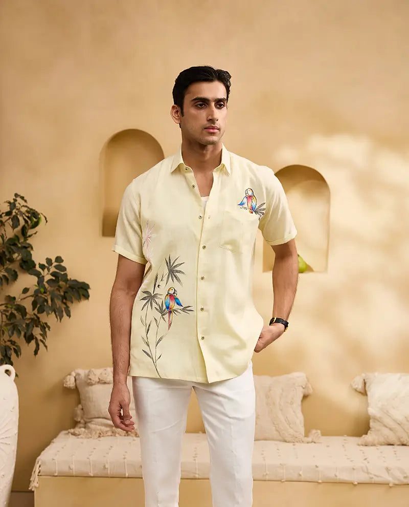 Pastel Yellow Flora & Fauna Hand-Painted Linen Regular Fit Shirt