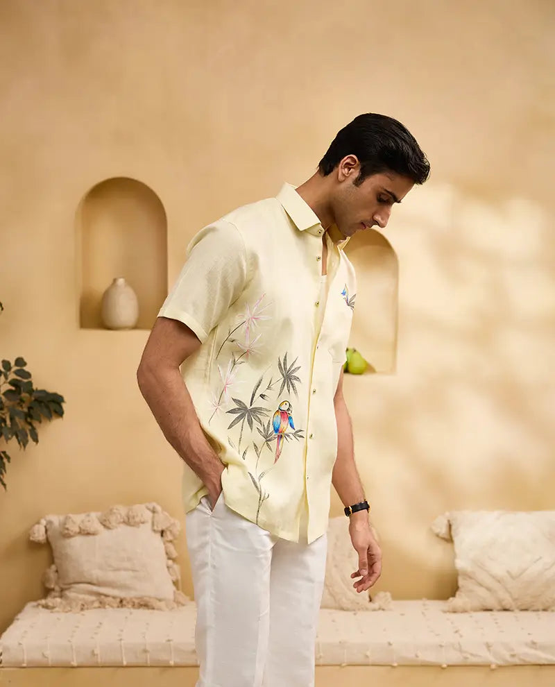 Pastel Yellow Flora & Fauna Hand-Painted Linen Regular Fit Shirt