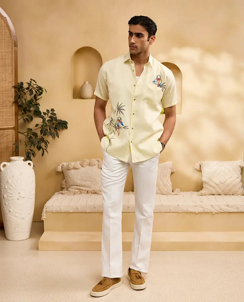 Pastel Yellow Flora & Fauna Hand-Painted Linen Regular Fit Shirt