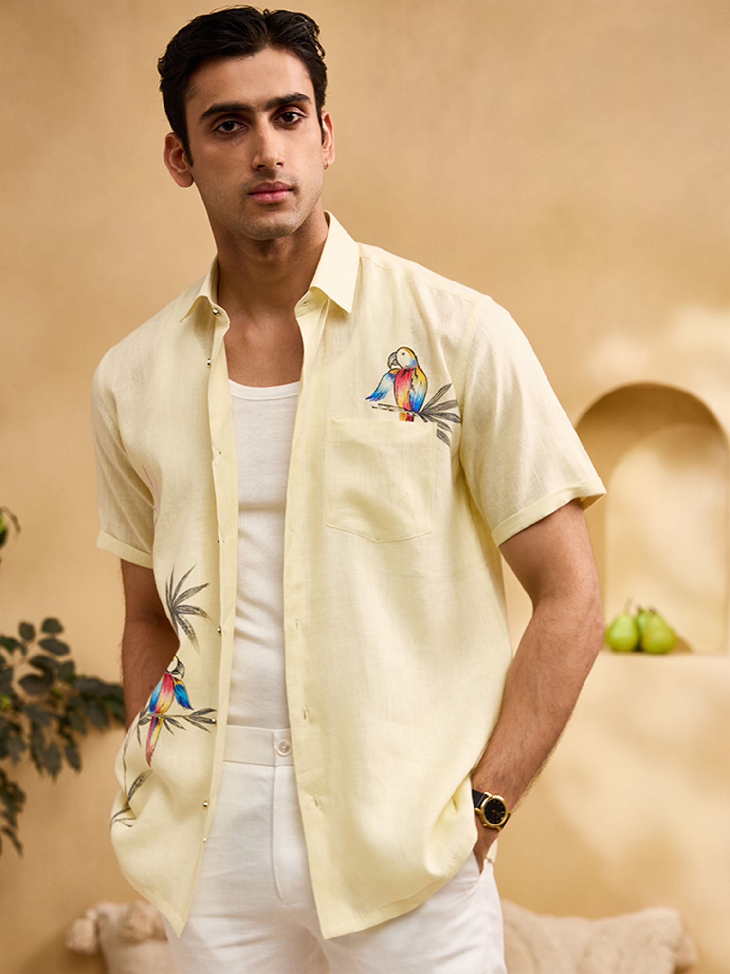 Pastel Yellow Flora & Fauna Hand-Painted Linen Regular Fit Shirt
