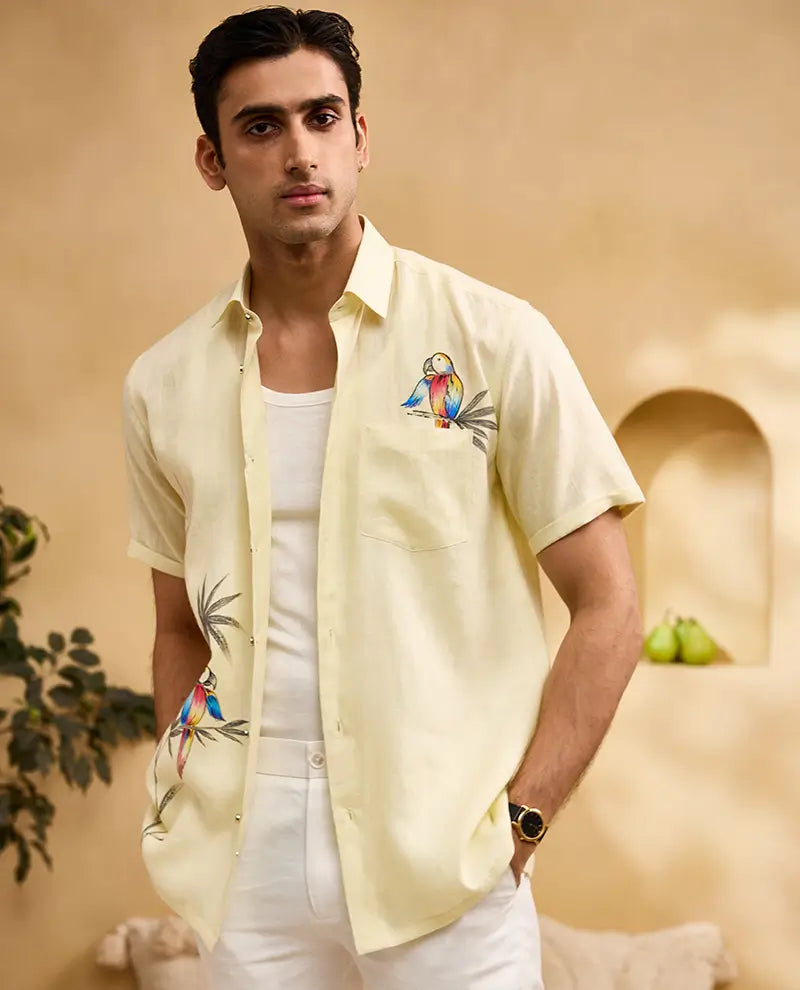 Pastel Yellow Flora & Fauna Hand-Painted Linen Regular Fit Shirt
