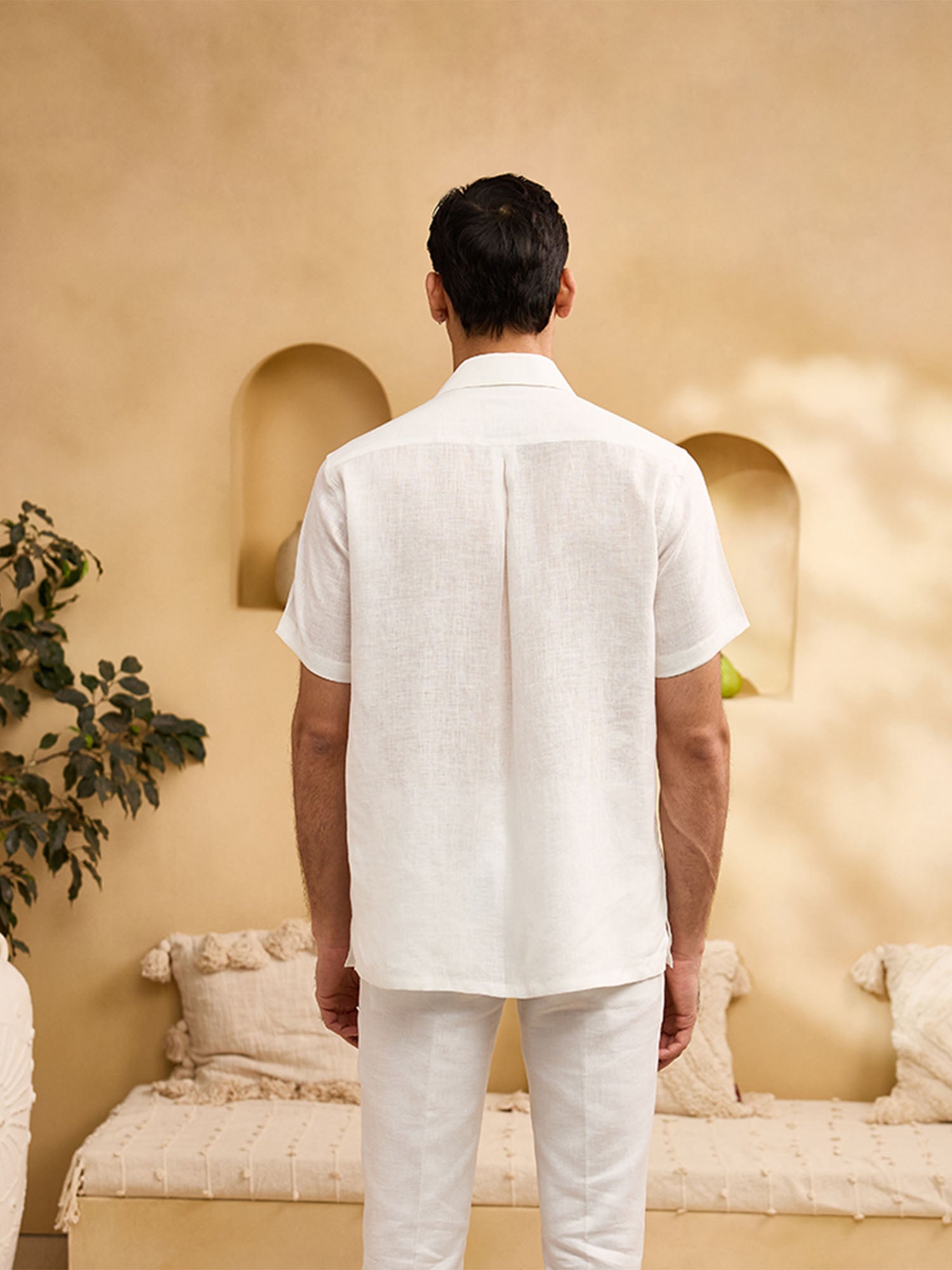 White with Coloured Minimal Floral Embroidery Linen Regular Fit Shirt