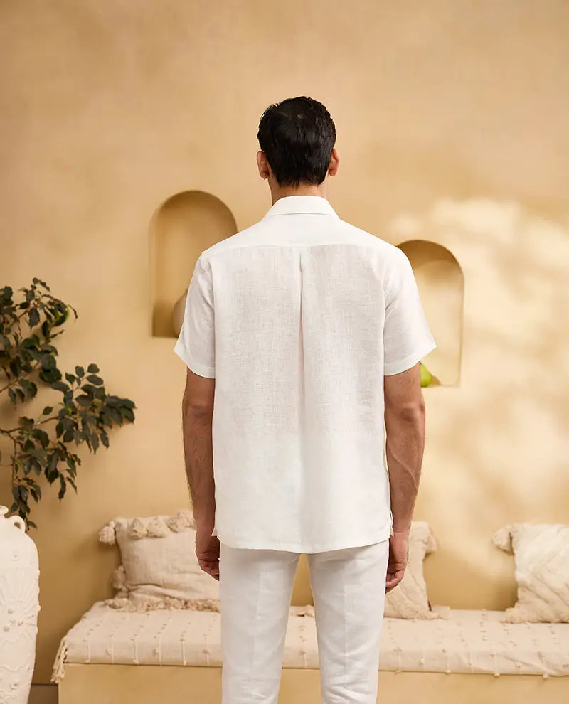 White with Coloured Minimal Floral Embroidery Linen Regular Fit Shirt