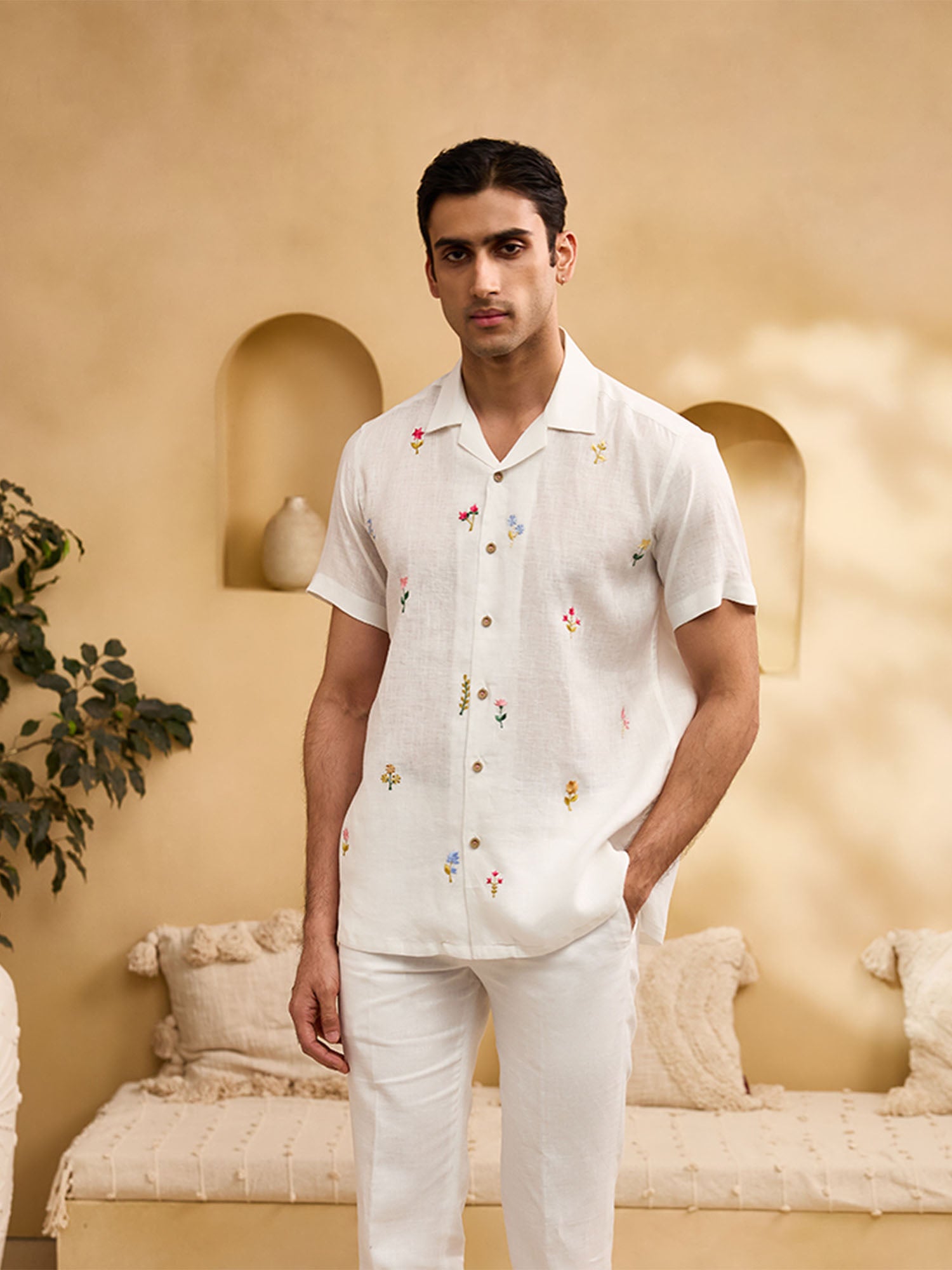 White with Coloured Minimal Floral Embroidery Linen Regular Fit Shirt