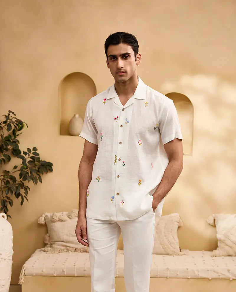 White with Coloured Minimal Floral Embroidery Linen Regular Fit Shirt