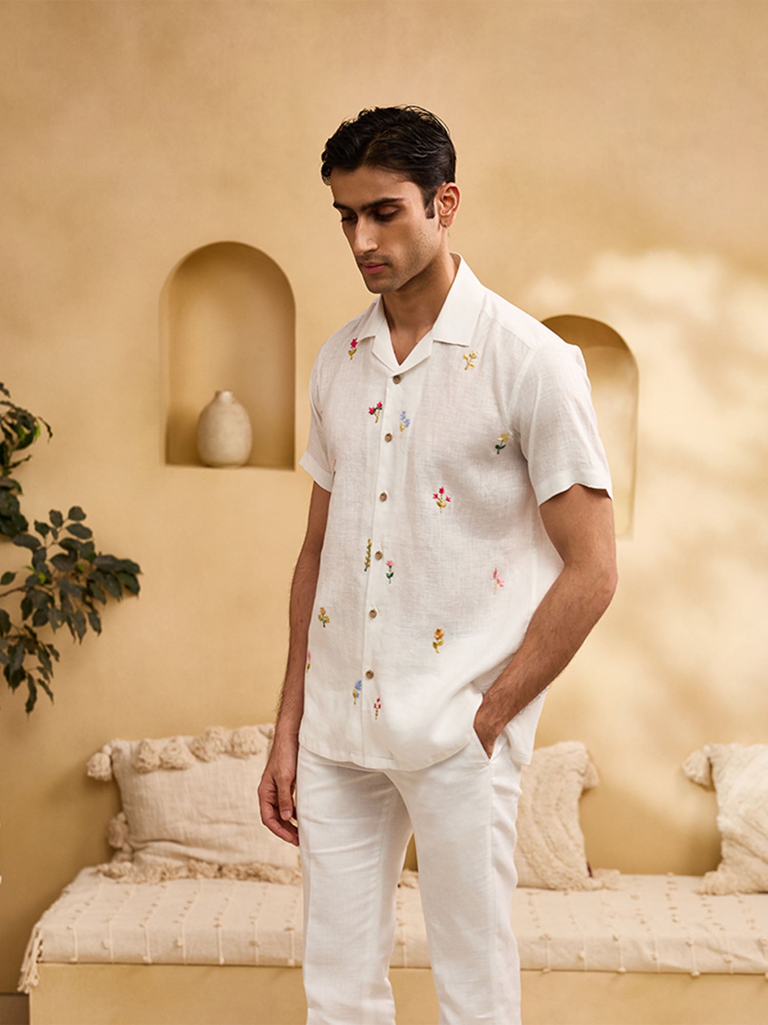 White with Coloured Minimal Floral Embroidery Linen Regular Fit Shirt
