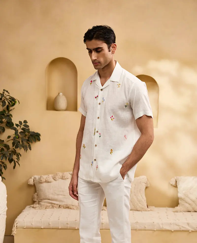 White with Coloured Minimal Floral Embroidery Linen Regular Fit Shirt