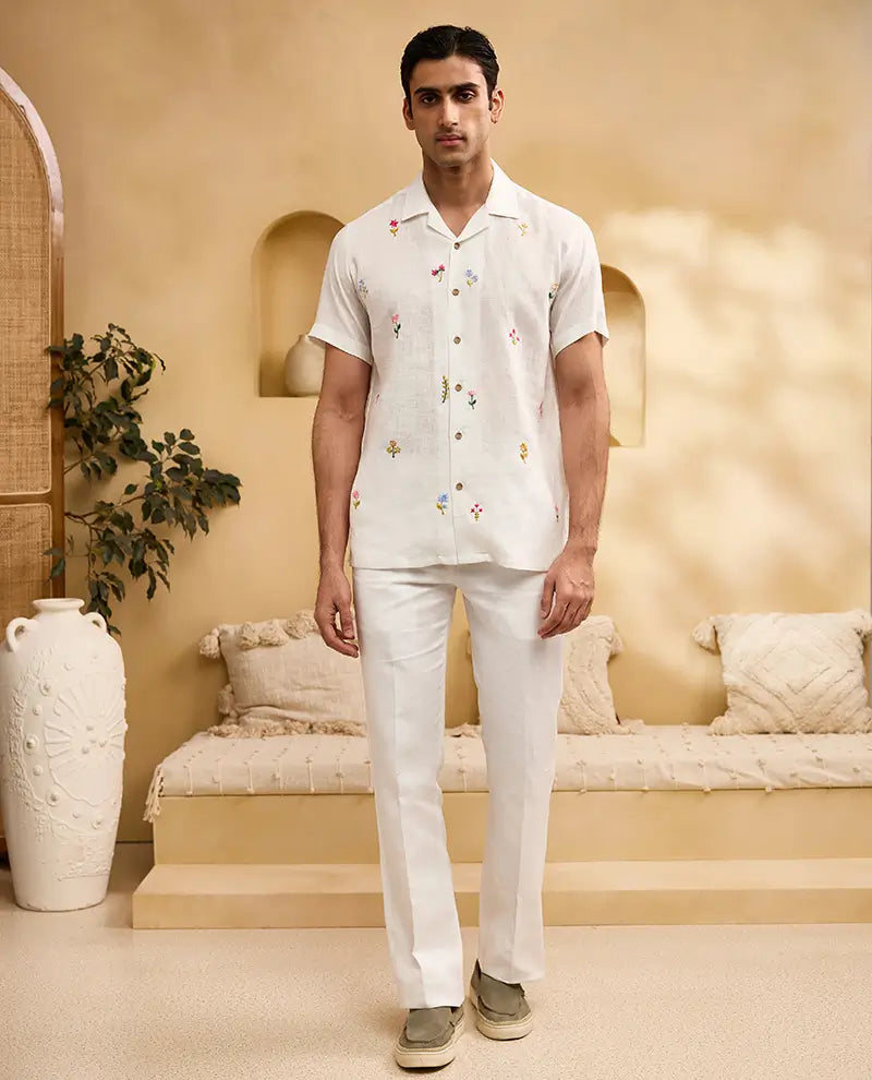White with Coloured Minimal Floral Embroidery Linen Regular Fit Shirt