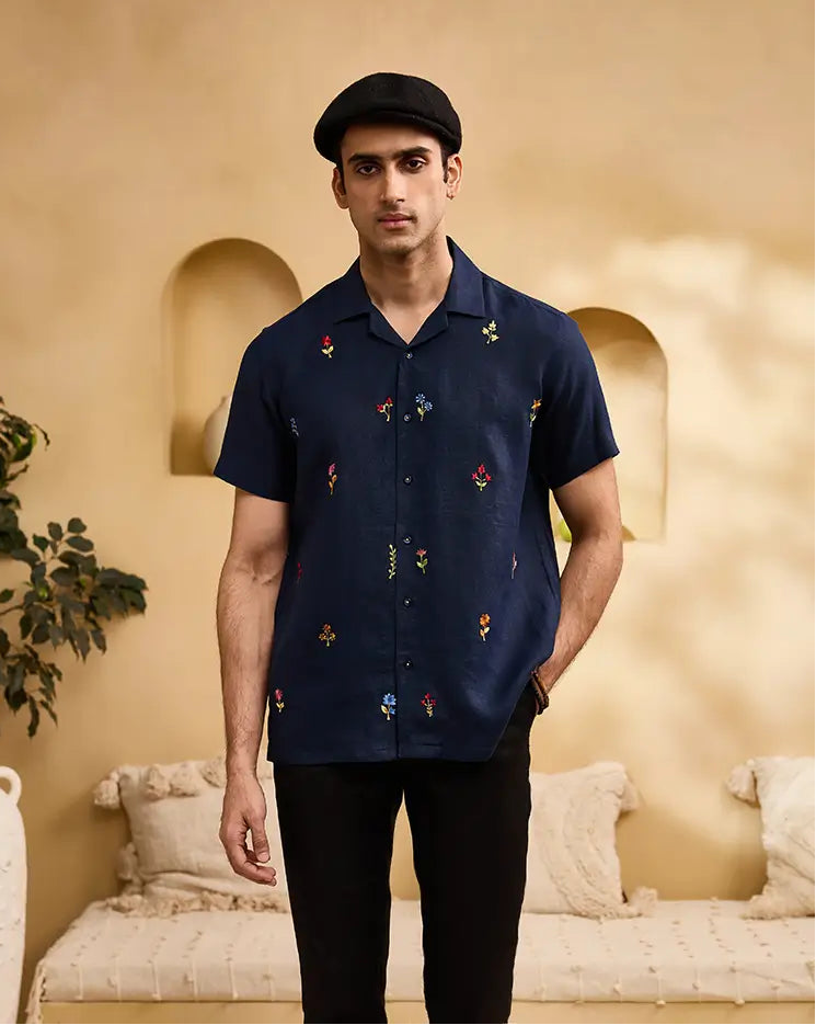 Navy Blue with Minimal Coloured Floral Embroidery Linen Cuban Regular Fit Shirt