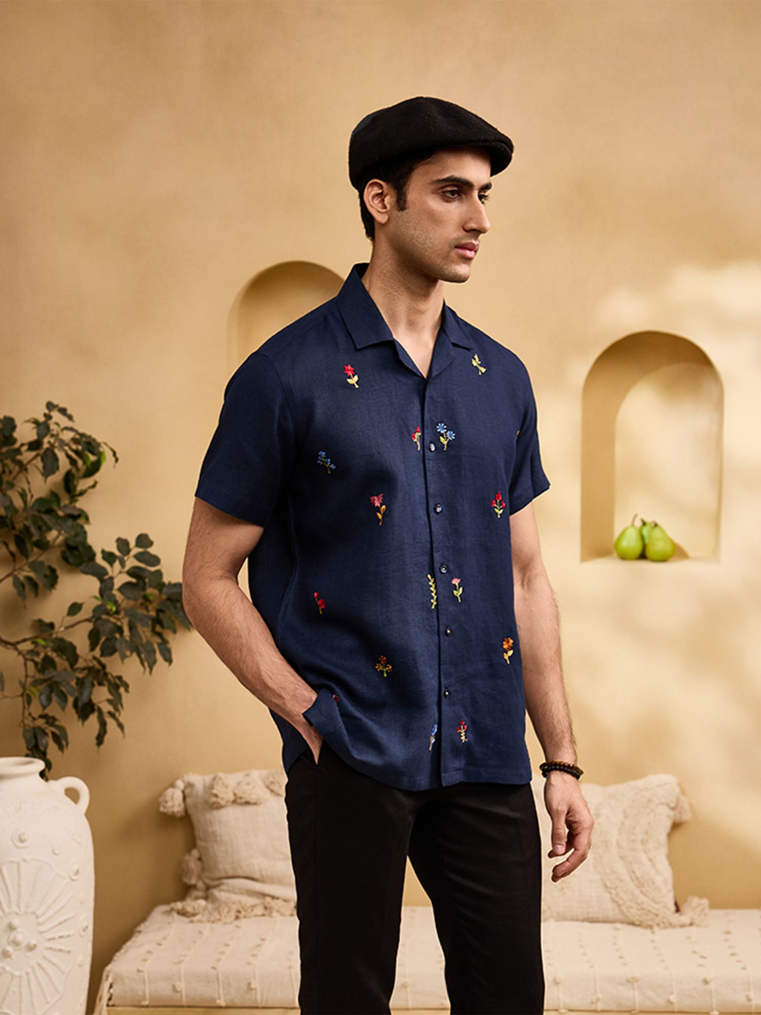 Navy Blue with Minimal Coloured Floral Embroidery Linen Cuban Regular Fit Shirt