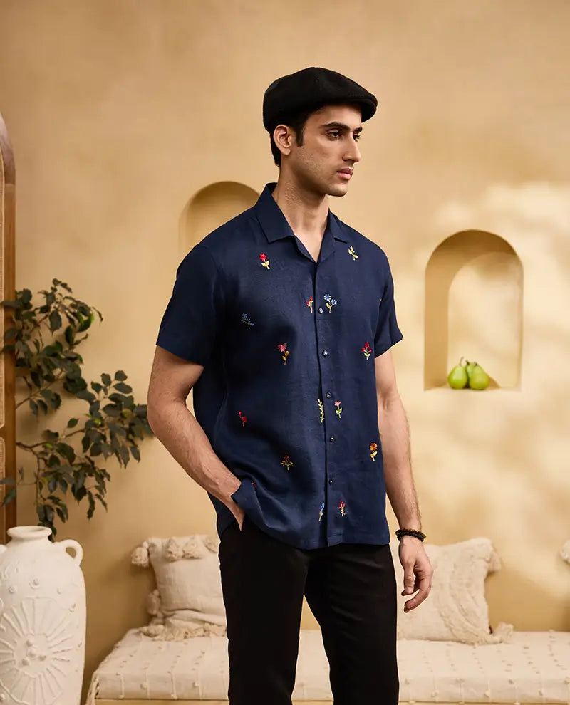 Navy Blue with Minimal Coloured Floral Embroidery Linen Cuban Regular Fit Shirt